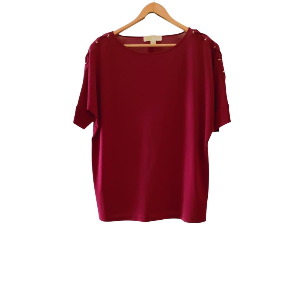 Michael Kors Burgundy Red Grommet Shoulder Short Sleeve Blouse Top L
